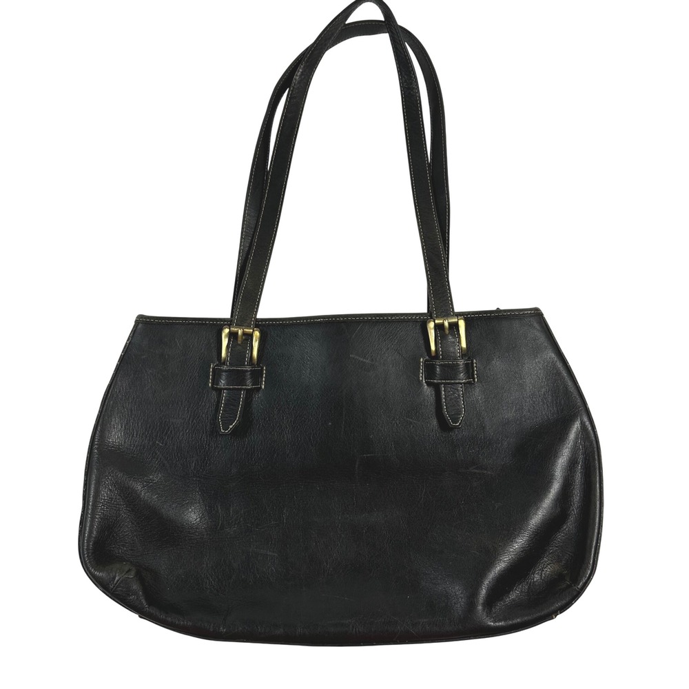 MILA PAOLI‎ Black Leather Shoulder Bag Brass Tone Buckle Detail Top Zip Closure